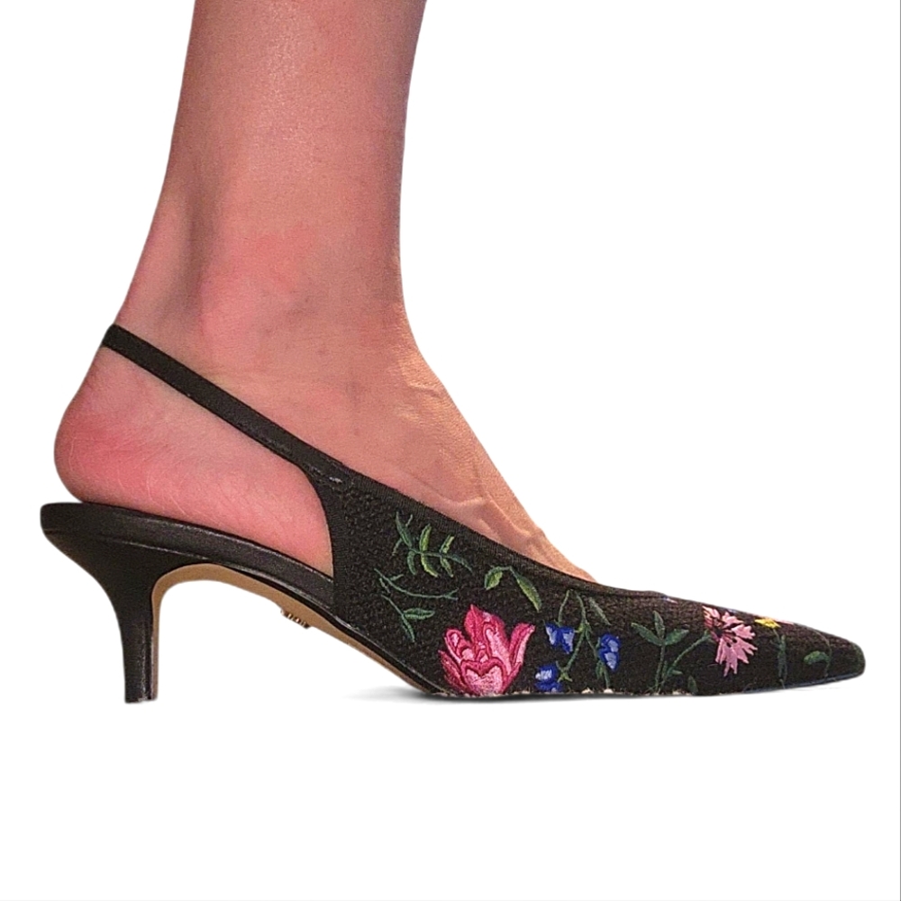 White House Black Market Embroidered Floral Slingback Heels, Sz. 7.5 NWOT